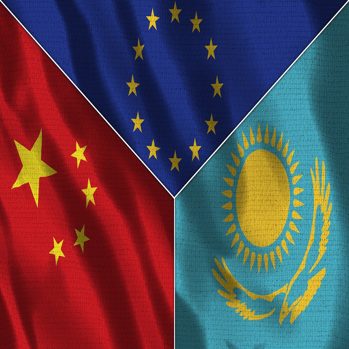 Flags of Kazakhsatn, China, and European Union pictured in one frame